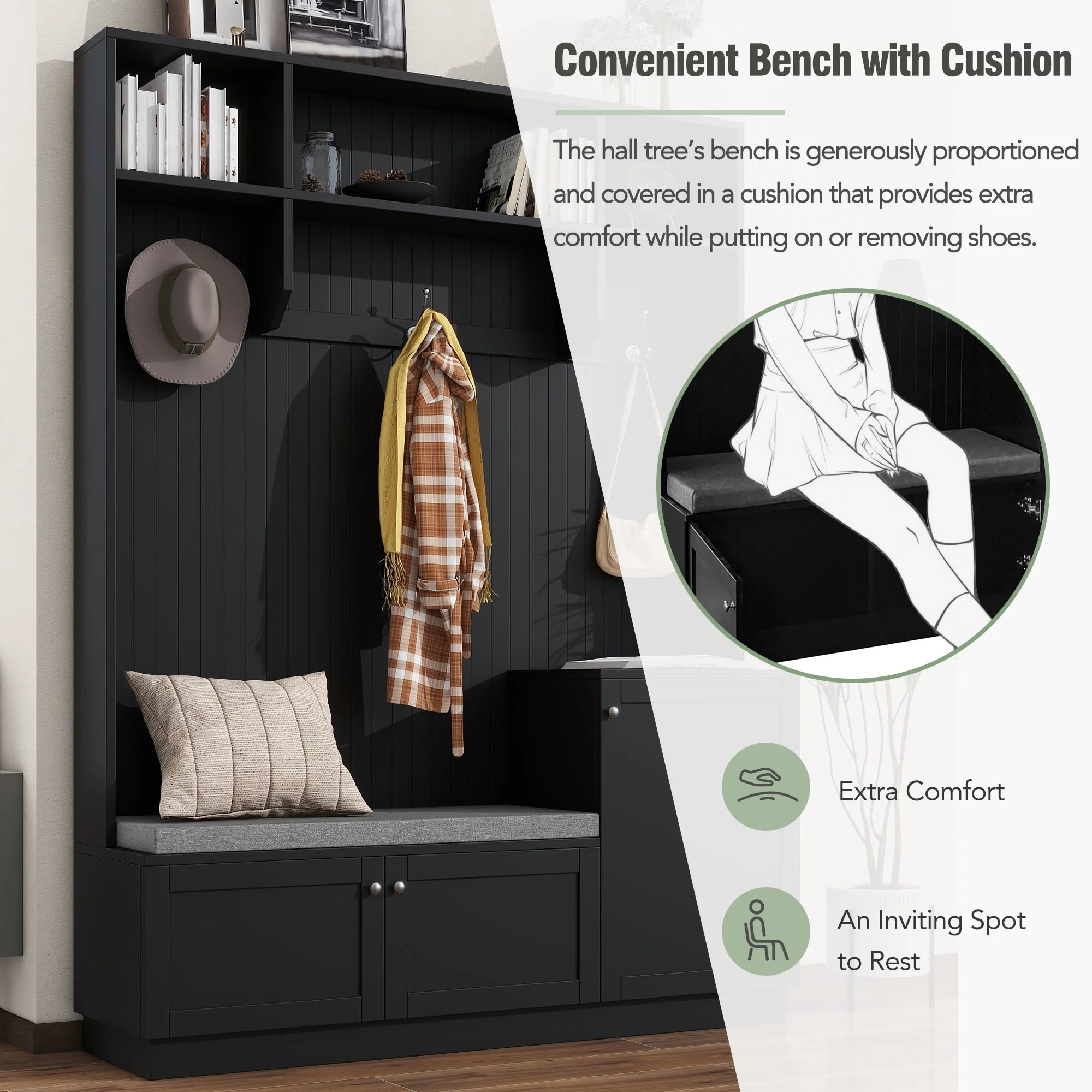Churanty 4-in-1 Hall Tree with Bench and Shoe Storage, Coat Rack with Cushion Mudroom Bench and Hooks, Modern Hall Trees for Hallway, Black