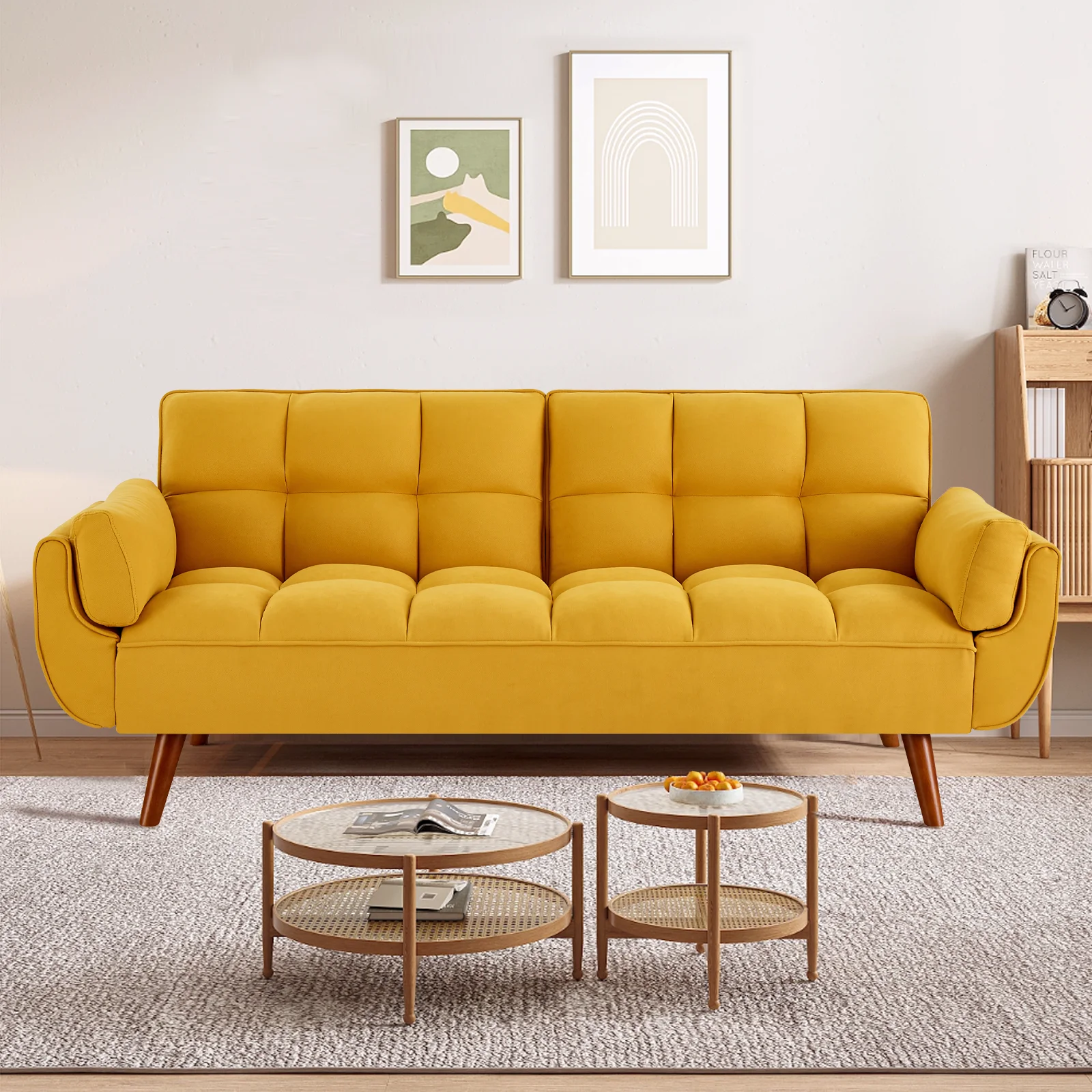 Convertible Futon Couch Bed, Sleeper Sofa Bed with Adjustable Backrests, Linen Loveseat Sofa with Wood Legs, 3 Seater Comfy Couch for Small Spaces, Living Room, Bedroom(Yellow, 75")
