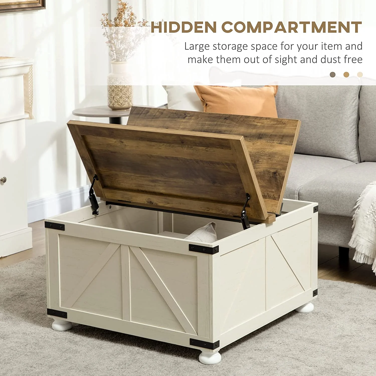 Farmhouse Coffee Table with Storage, Square Coffee Table for Living Room, Wooden Center Table with Hinged Lift Top and Hidden Space, Antique White
