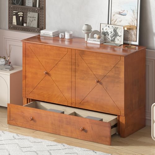 Mjkone Queen Size Murphy Bed with Tri-Folding Mattress, Charging Station, Modern Cabinet Bed with Drawers, Multifunctional Design Wall Murphy Beds for Living Room, Apartment (Cherry Pattern H)