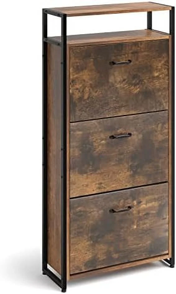 TJCGDTY 3 Drawer Industrial Shoe Cabinet  Slim Freestanding Wood Shoe Rack  Organizer Stand with Flip Doors  Open    Anti Toppling for 15-18 Pairs (Rustic Brown  Medium) - Curated Treasures Market