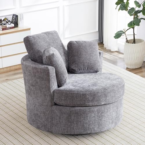 Chair and A Half with Ottoman, 360° Swivel Accent Barrel Chair Modern Comfy Round Reading Sofa Swivel Chairs Circle Lounge Chair for Bedroom Living Room w/4 Pillow Lower Seating Heigh (White, Large)