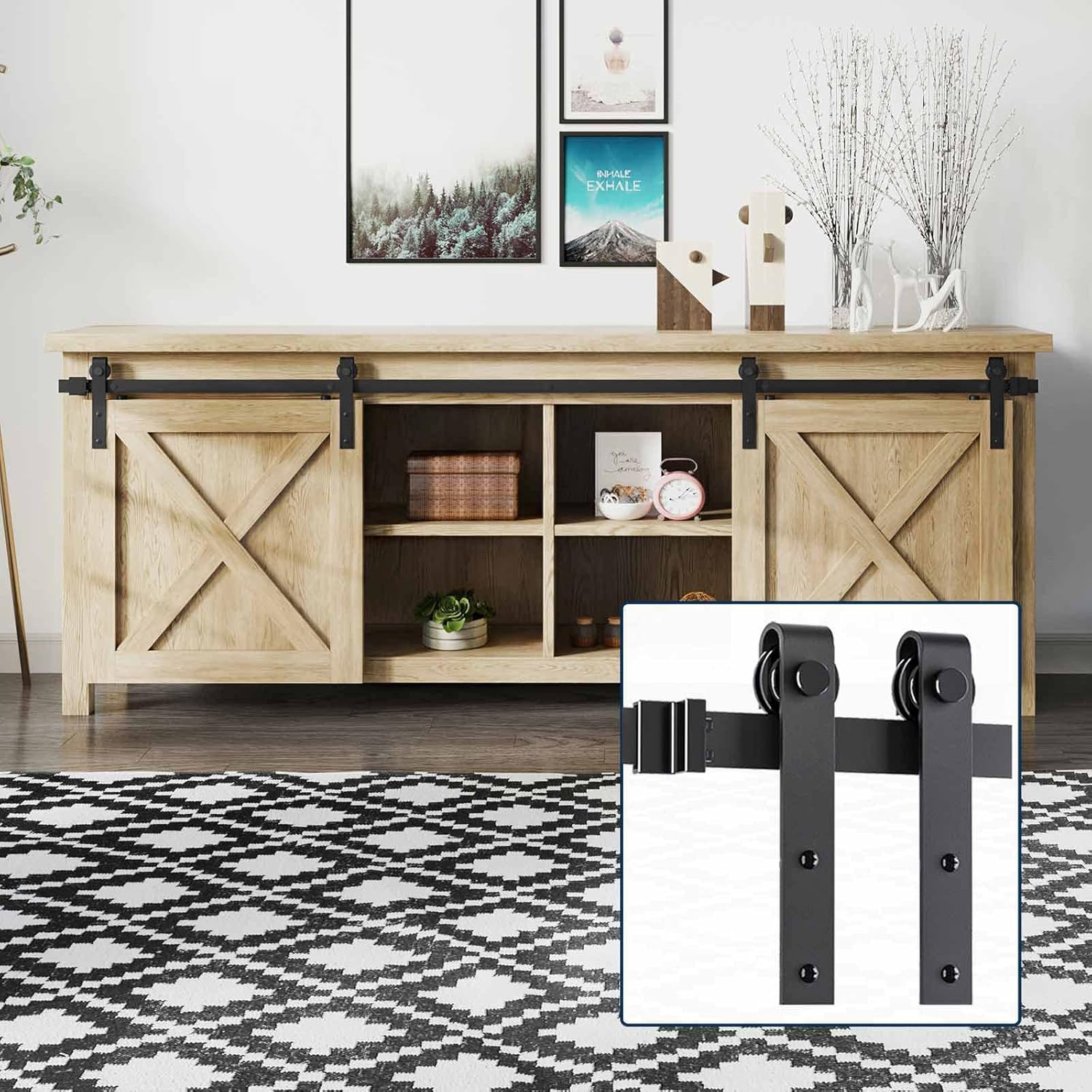 EaseLife 5 FT Cabinet Mini Sliding Double Barn Door Hardware Track Kit,Easy Install,Slide Smoothly Quietly,Apply for Storage Window TV Stand and Other Shielding (No Cabinet)