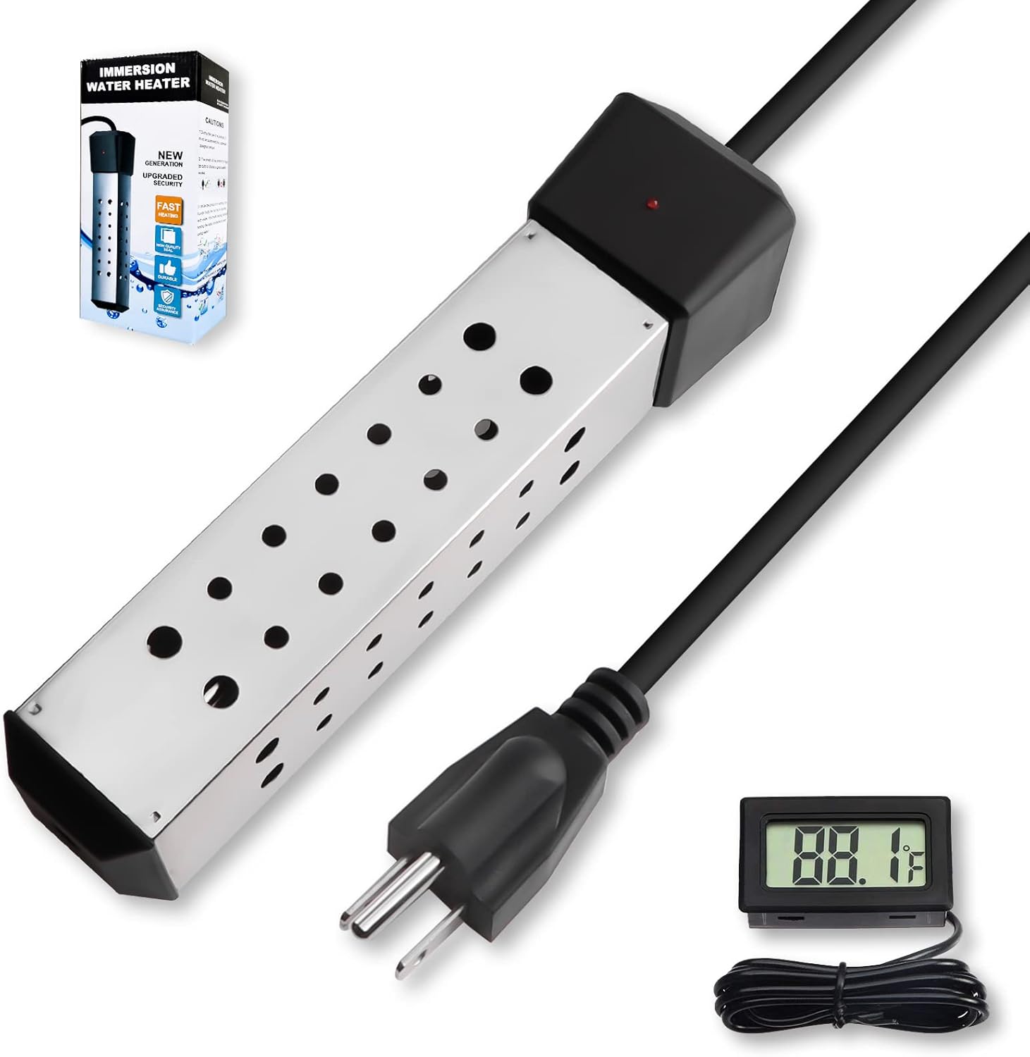 JESTOP 2000W Immersion Water Heater, Anti-scalding Bucket Heater with Digital LCD Thermometer, Stainless Steel Guard Submersible Electric Heater, Rapid Heating in Minutes