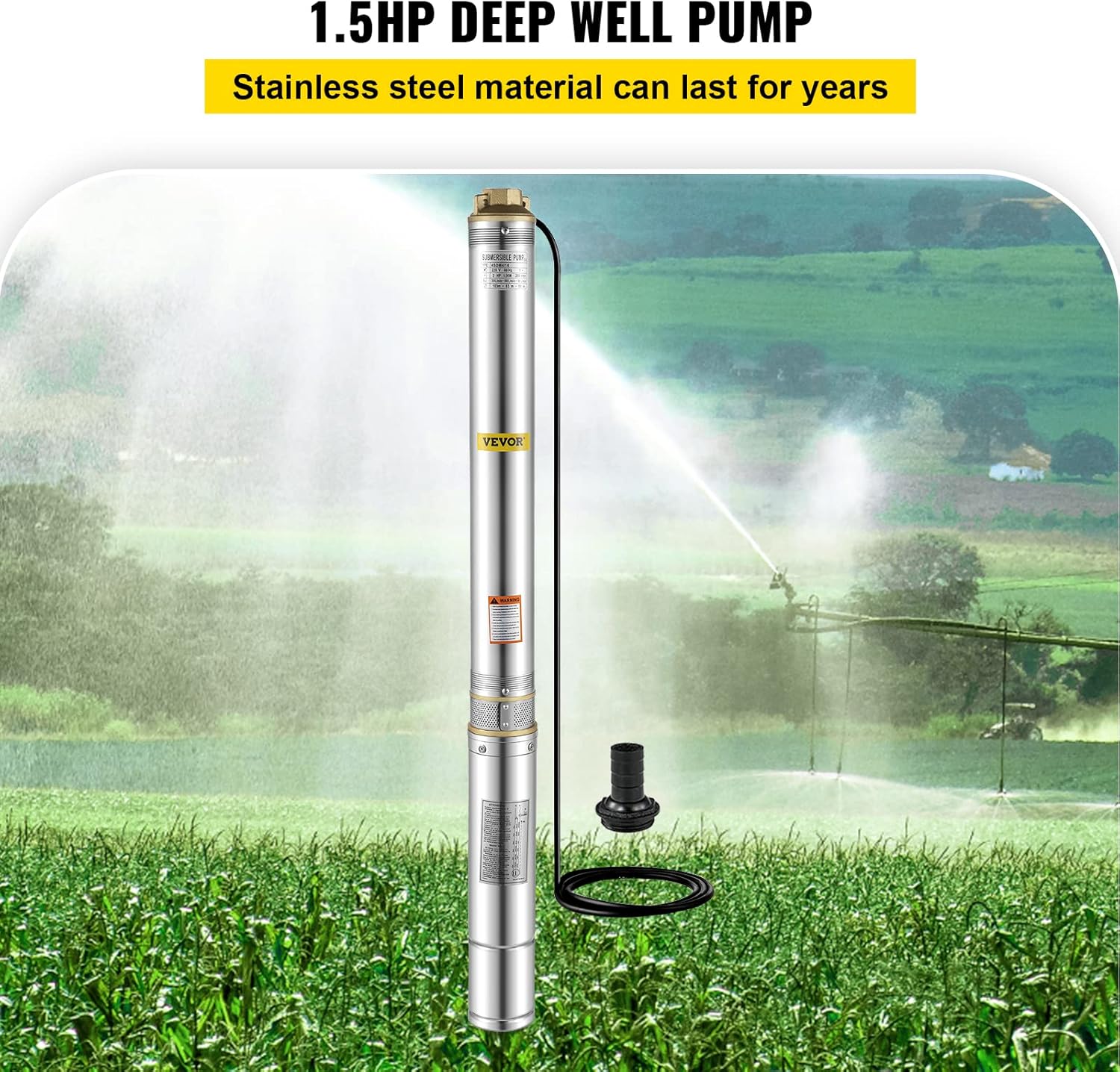 VEVOR Deep Well Submersible Pump, 1.5 hp 220V 50 Hz, Stainless Steel w/5 FT Cable Wire, 1.25" Water Outlet, 24 GPM & 390 Ft Head for Farmland Irrigation and Factories
