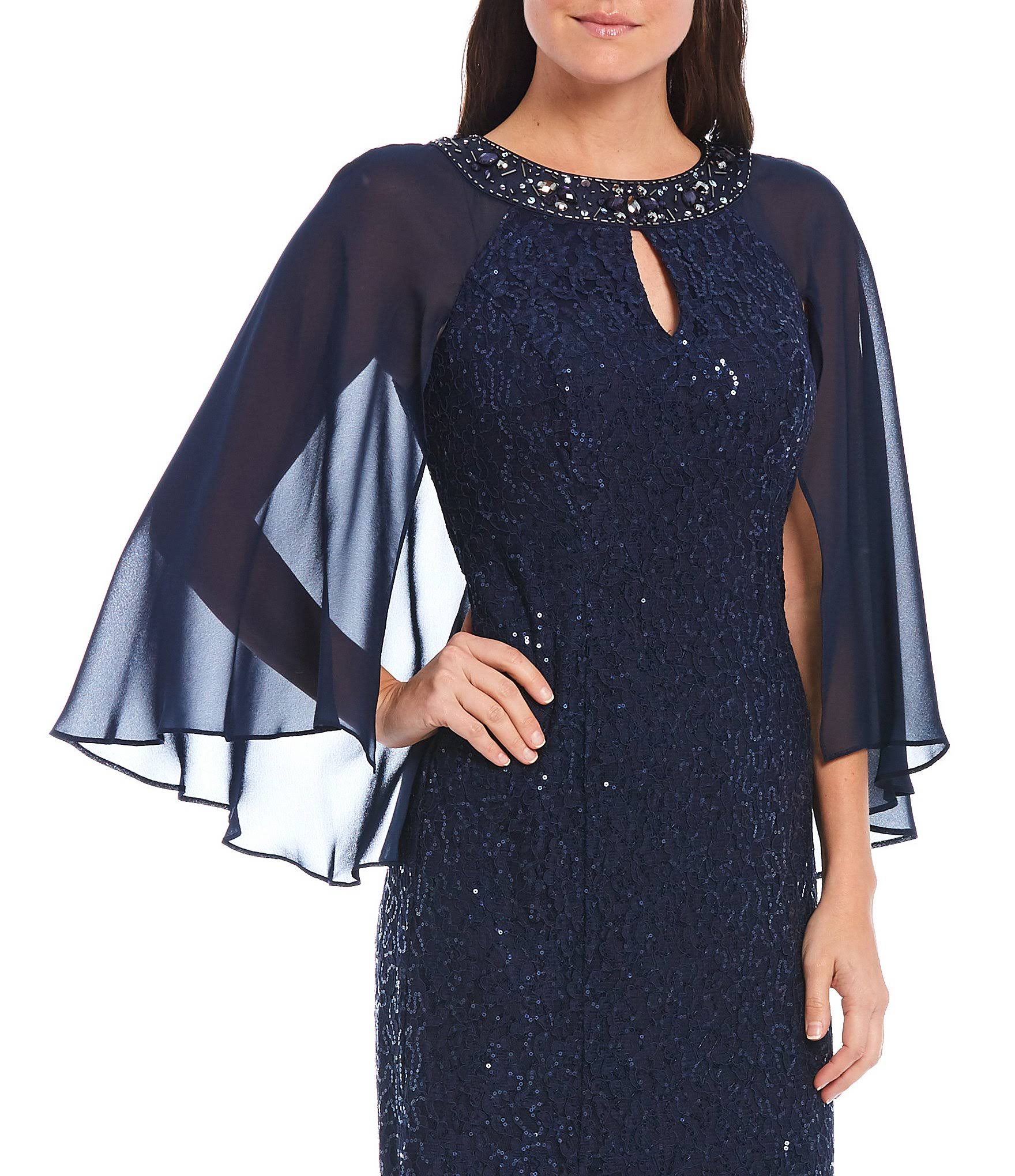 Ignite Evenings Sequin Lace Chiffon Capelet Gown - 10