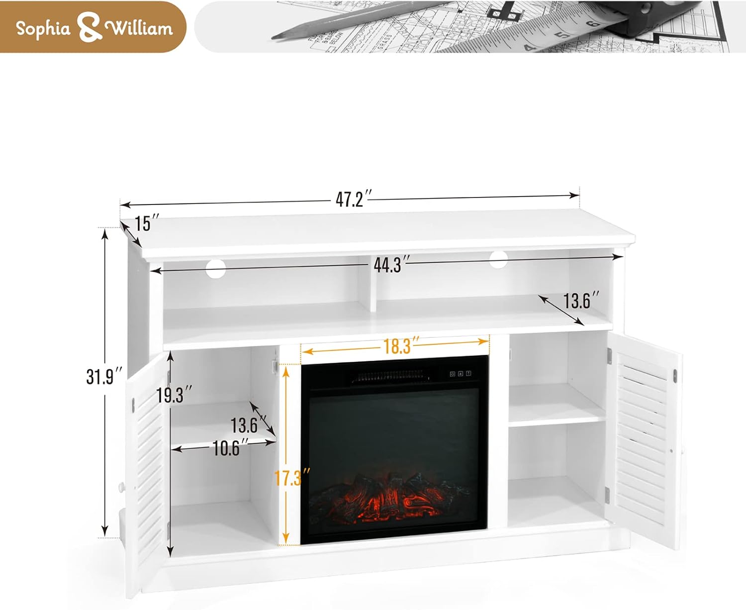 Sophia & William Farmhouse Electric Fireplace TV Stand for TV's Up to 65, Accent Decorative Barn Door Storage Cabinet Chest with 23 Insert Fireplace for Living Room Bedroom Home Office, Burlywood