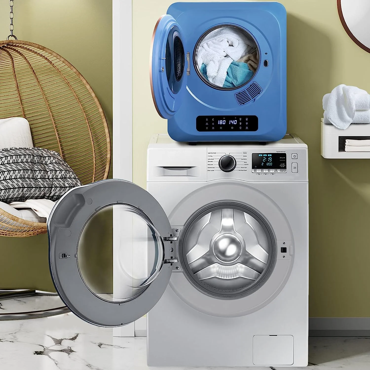 CozyHom Compact Electric Dryer Laundry Dryer, Portable Clothes Dryer Machine with Stainless Steel Drum, White