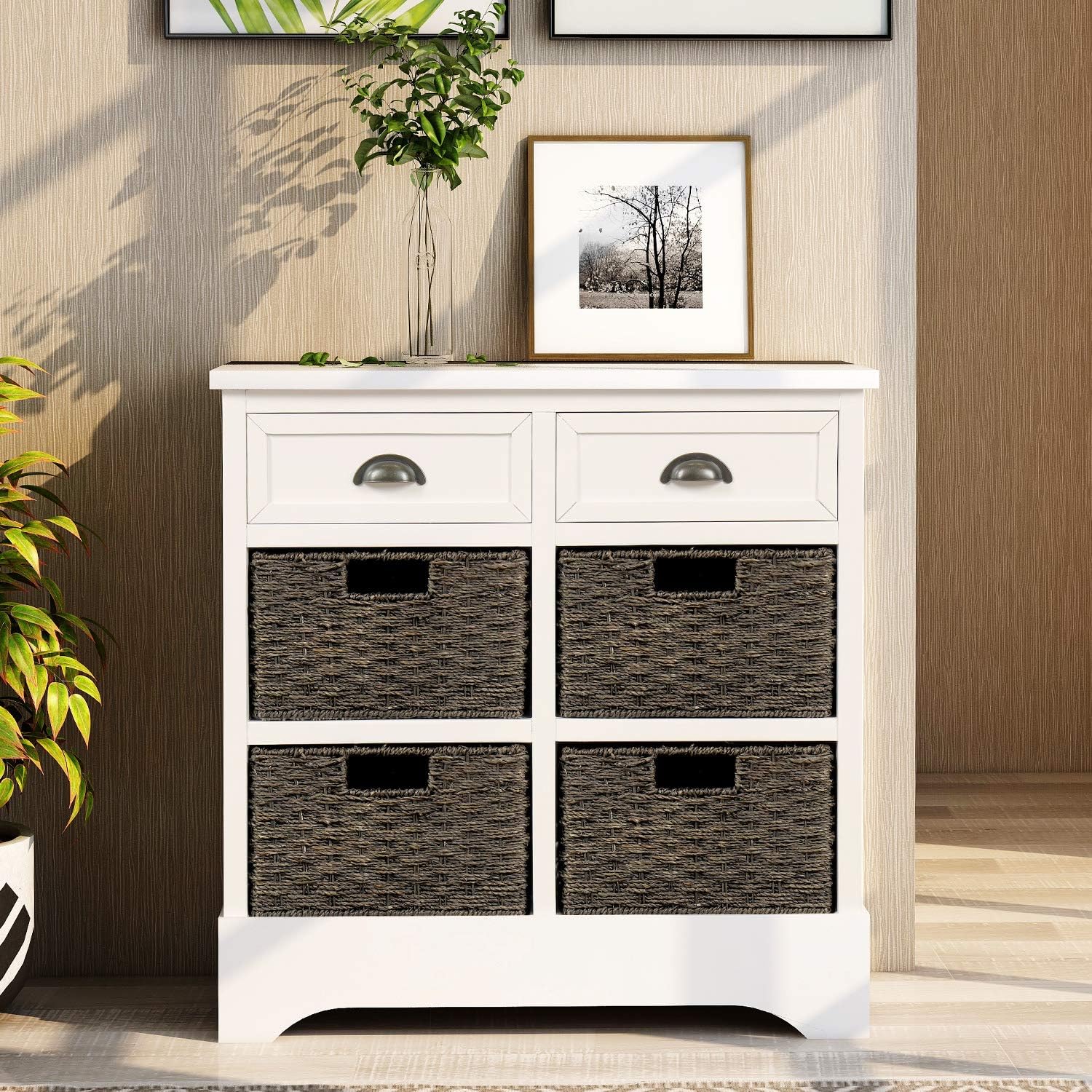 LUMISOL Home Collection Wicker Storage Cabinet Console table with Two Drawers and Four Wicker Baskets for Kitchen/Living Room/Dining Room, Accent Furniture (Espresso)