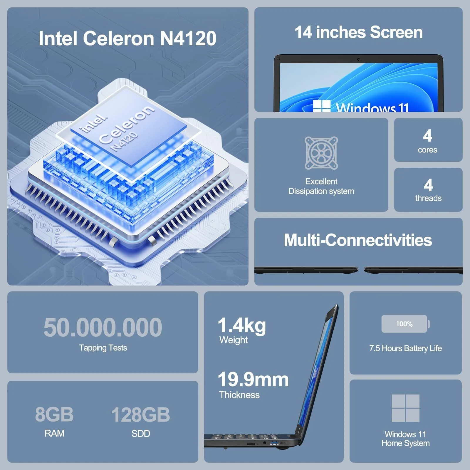 LETSUNG 14" Laptop Intel Celeron N4020 Processor up to 2.6GHz Windows 11 8GB RAM 256GB SSD