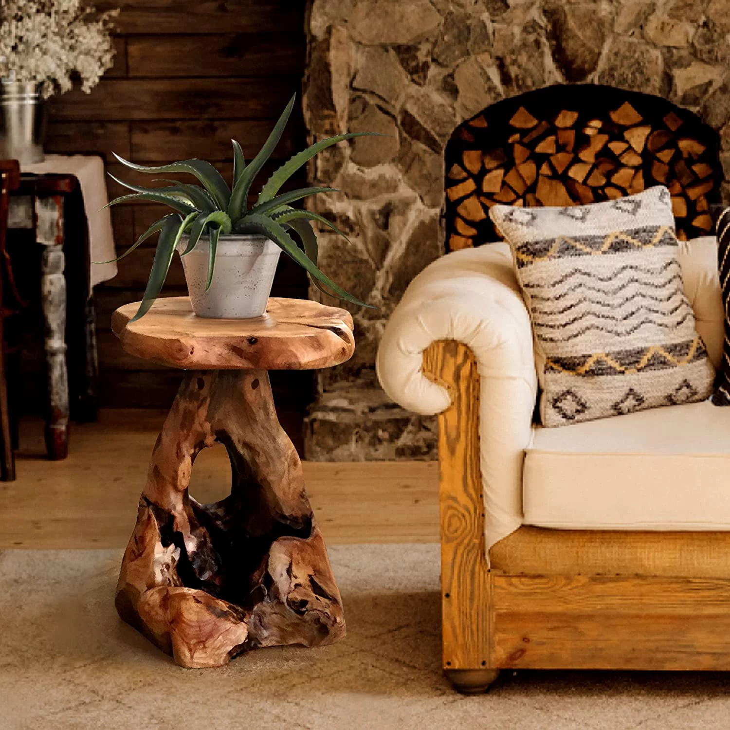 Natural Irregular Shape Tree Stump End Table Plant Stand, 14"x13"x18"H Solid Cedar Wood Outdoor Rustic Sit Foot Stools Live Edge Coffee Side Table for Living Room Bedroom Bath Outdoor Garden