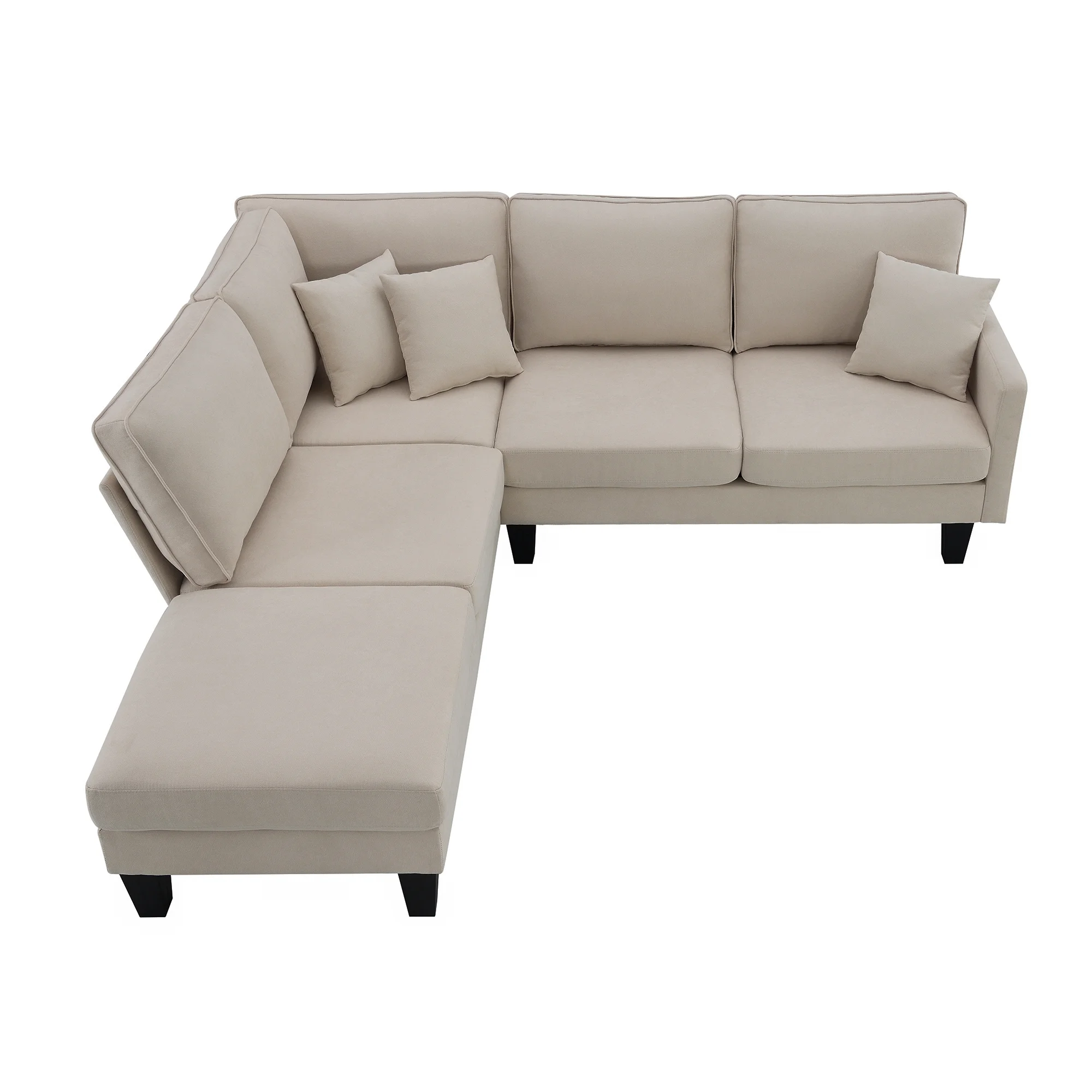 THINK 30,90L * 88W" Terry Fabric Modern L Shape Sectional Sofa,5 Seat Beige Practical Couch Set With Recliner,Simple Indoor Furniture With 3 Pillows for Living Room,Apartment,Office,Bedroom