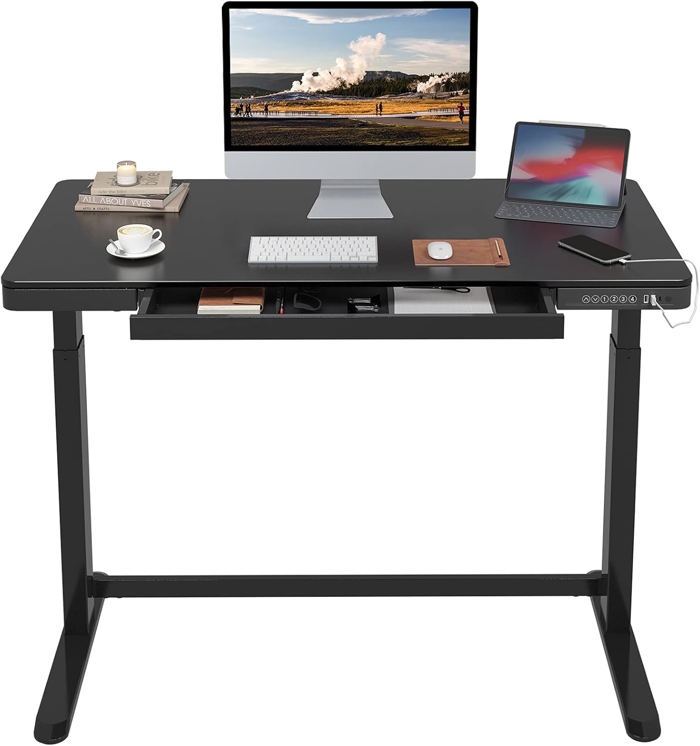 FLEXISPOT EW8 Electric Height Adjustable Standing Desk with Drawers 48 Inches Red Oak Desktop and Adjustable White Frame Quick Install Computer Workstation (USB Charging Ports, Memory Controller)