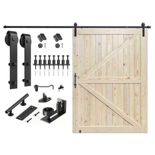 SMARTSTANDARD 36in x 84in Sliding Barn Door with 6.6ft Barn Door Hardware Kit Included, Unfinished Solid Spruce Wood Door, Assembly Required, DIY, Stainable, Natural
