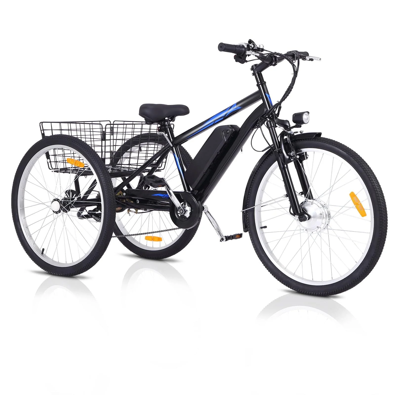 Soonbuy Electric Tricycle 24 Electric Trike, 7 Speeds Motorized Three Wheel Electric Bicycle, 3 Wheels Adult Electric Tricycle with Large Basket,Orange