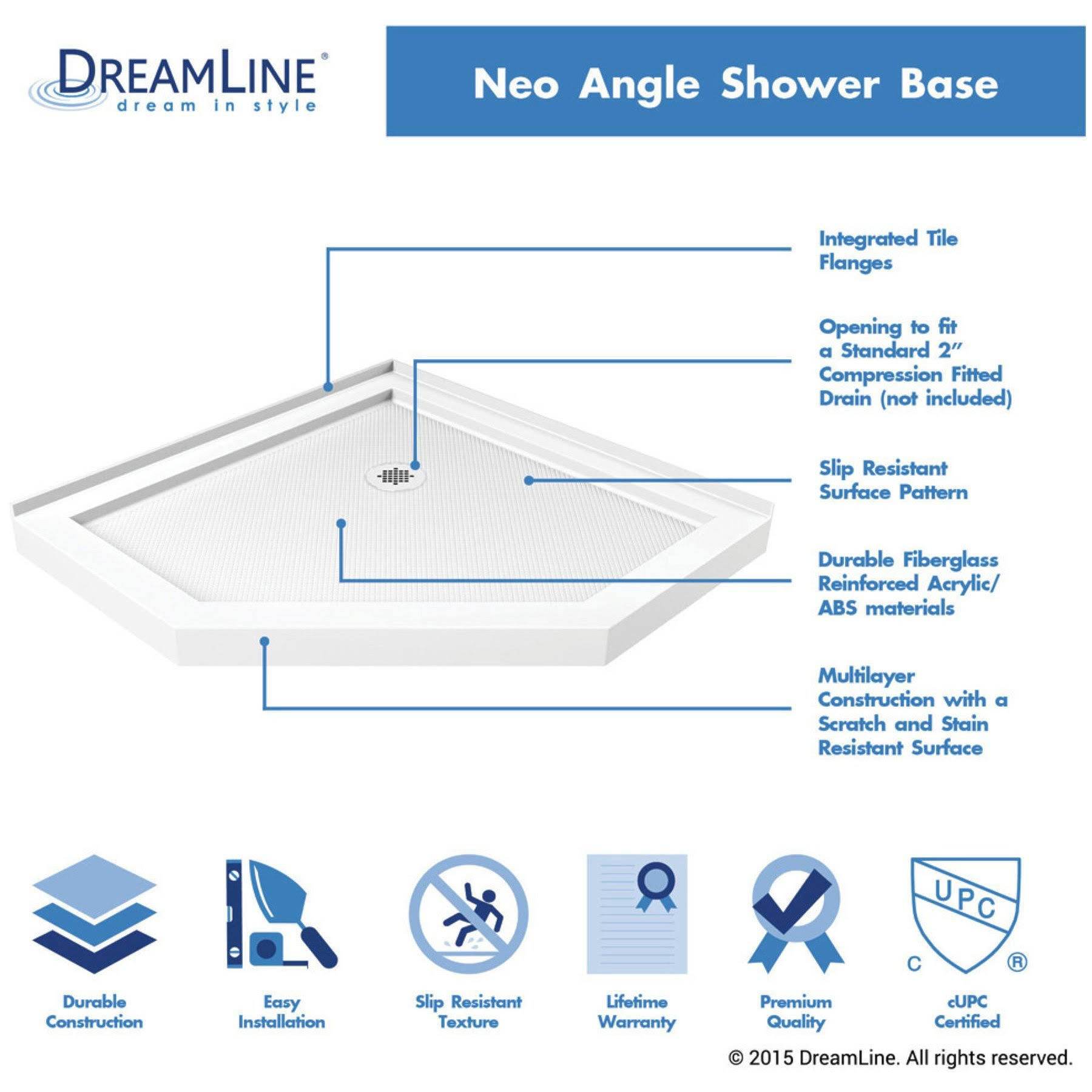 DreamLine DLT-2036360 Slimline 36 x 36 inch Neo Angle Shower Base