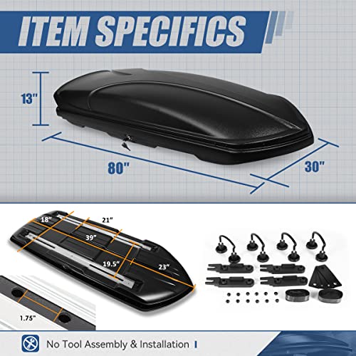 Auto Dynasty Hard Shell Roof Top Mount Car Storage Travel Luggage Box Cargo Carrier, 53 (L) x 34 (W) x 15 (H) Inches, Capacity 110 Pounds, 11 Cubic Feet (Tool-Free Install), Glossy Black Finish