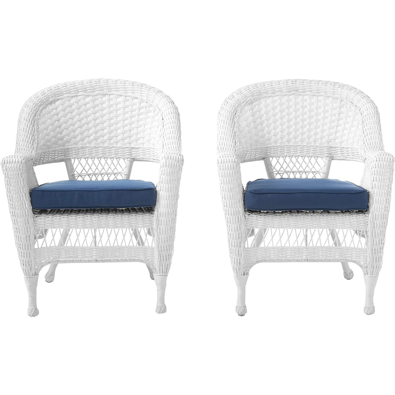 Jeco White Wicker Chair with Blue Cushion - Set of 2