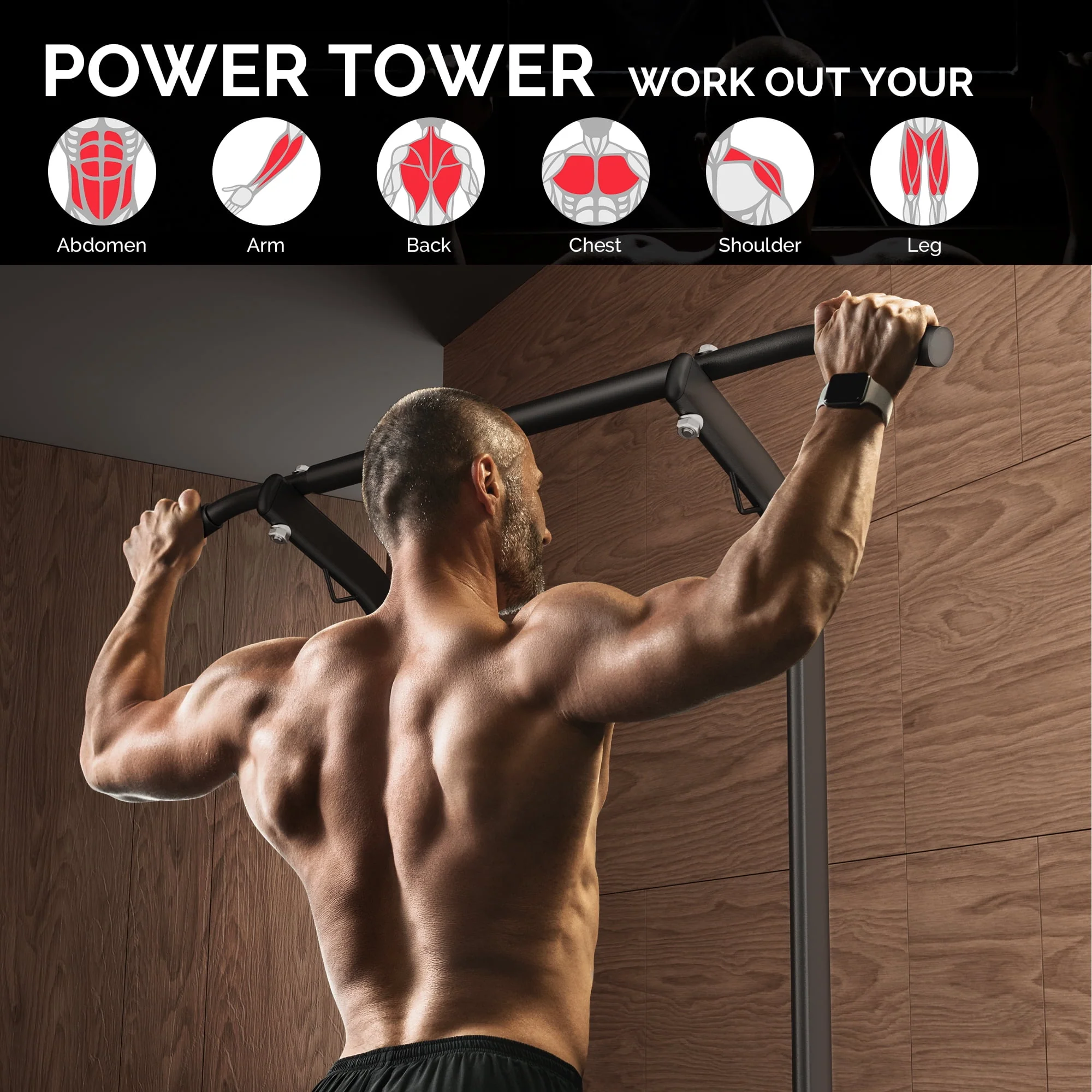 UPGO Adjustable Power Tower 400lbs Max Weight Dip Station Pull up Bar Power Rack Push up Resistance Band for Home Gym Strength Training Workout Equipment