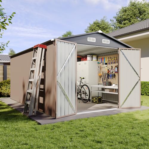 Aoxun 10 x 12FT Outdoor Storage Shed with Double Hinged Large Door Utility Garden Shed with Lockable Door & Sloped Roof Metal Sheds Outdoor Storage for Garden, Backyard, Patio and Backyard, Brown