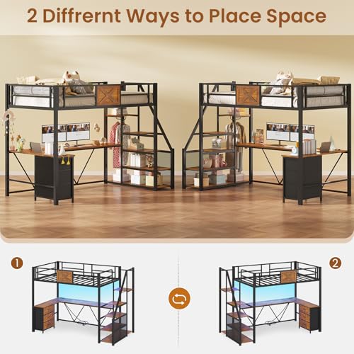 Itaar Stairway Twin Size Loft Bed with L Shaped Desk and Wardrobe, Metal Loft Bed Frame with Storage Stairs,3 Fabric Drawers, LED Lights & Charging Sation,No Noise & No Box Spring Needed, White
