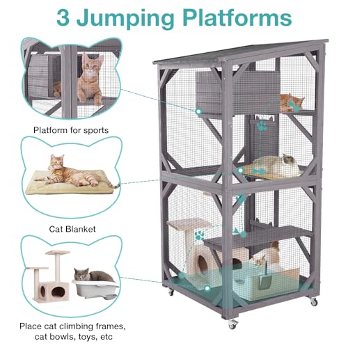 Catio Outdoor Cat Enclosure,Cat House with Wheels,Upgraded cat Scratching Post，Resting Box,Waterproof Roof for Patio Garden (Grey, 31.5" L x 31.5" W x 70.9" H)