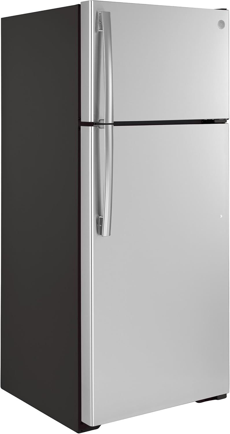 GE GTS18GSNRSS 28" Top Freezer Refrigerator with 17.52 cu. ft. Capacity LED Lighting Adjustable Glass Shelves and Upfront Temperature Controls in Stainless Steel