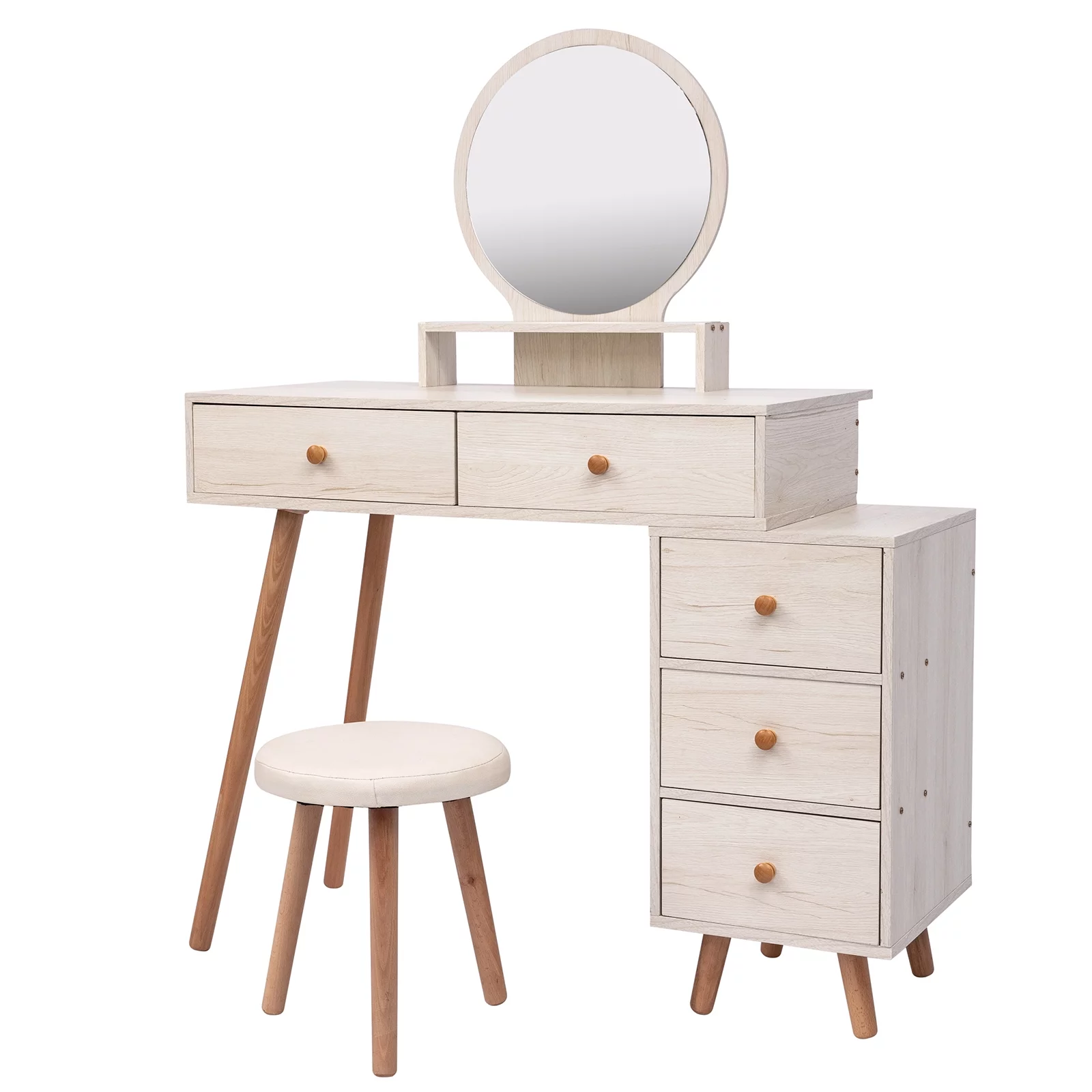 Ufurpie Makeup Vanity Table with Cushioned Stool,Large Capacity Storage Cabinet,5 Drawers,Large Round Mirror,Fasionable Makeup Furniture for Bedroom