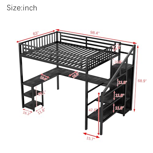 Full Size Loft Bed with Stairs and Storage, Metal Loft Bed Frame with Bedside Shelf and Large Under-Bed Space, Heavy-Duty Bed for Adults Teens and Kids, Black