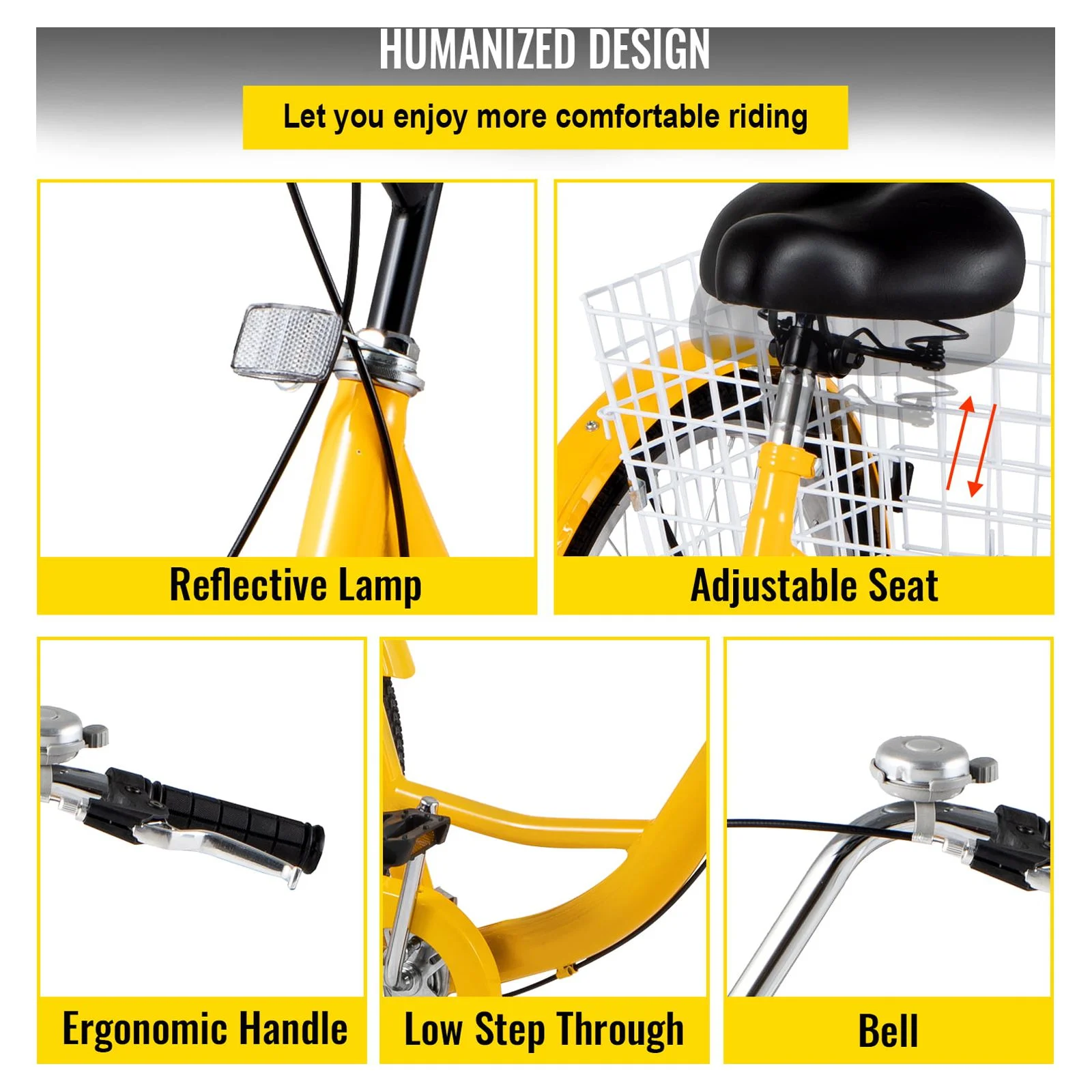 VEVOR Adult Tricycle 24 inch, 1-Speed Three Wheel Bicycles for Adult with Bell Brake System & Cargo Basket , Yellow