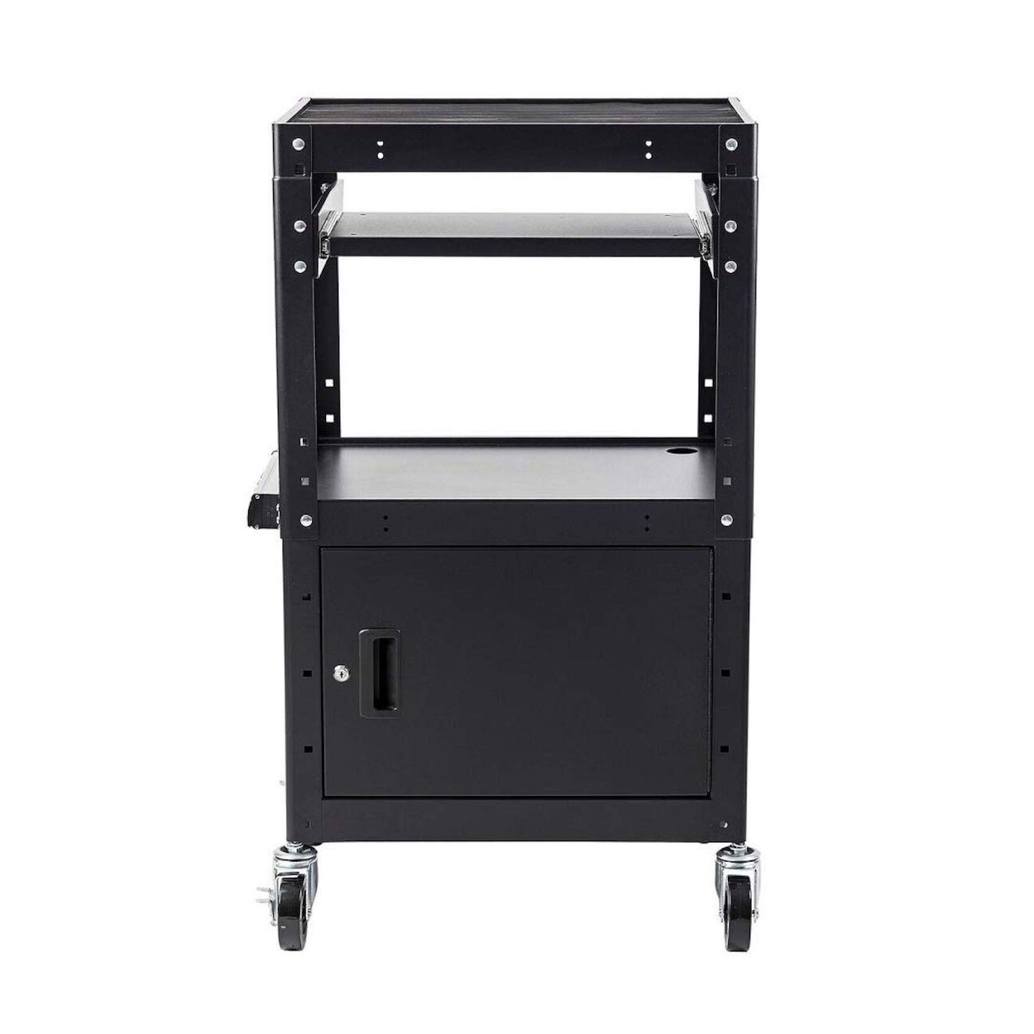 Pearington AV Presentation Cart Stand for Video Projector, TV, Laptop Computers, Printers, Metal Construction Rolling Storage Cart with Adjustable Shelves, 4 Wheels, 4 Outlets, 12ft Cord, Black