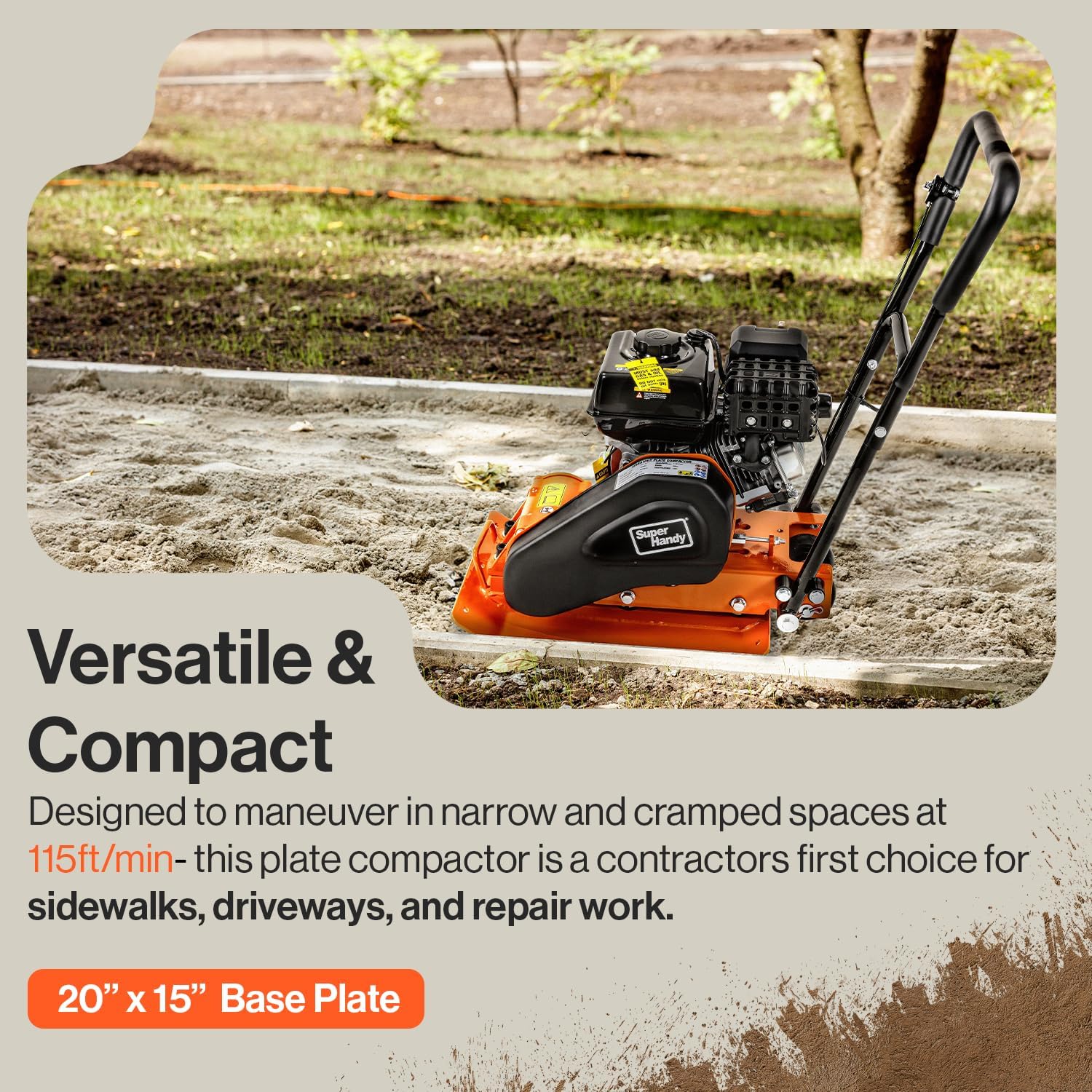 SuperHandy Plate Compactor Rammer 7 HP Gas Engine 4200-Pounds of Compaction Force Rammer Jumping Jack Tamper 20 × 15 Inch Plate for Paving Landscapes Sidewalks Patios EPA/CARB Compliant