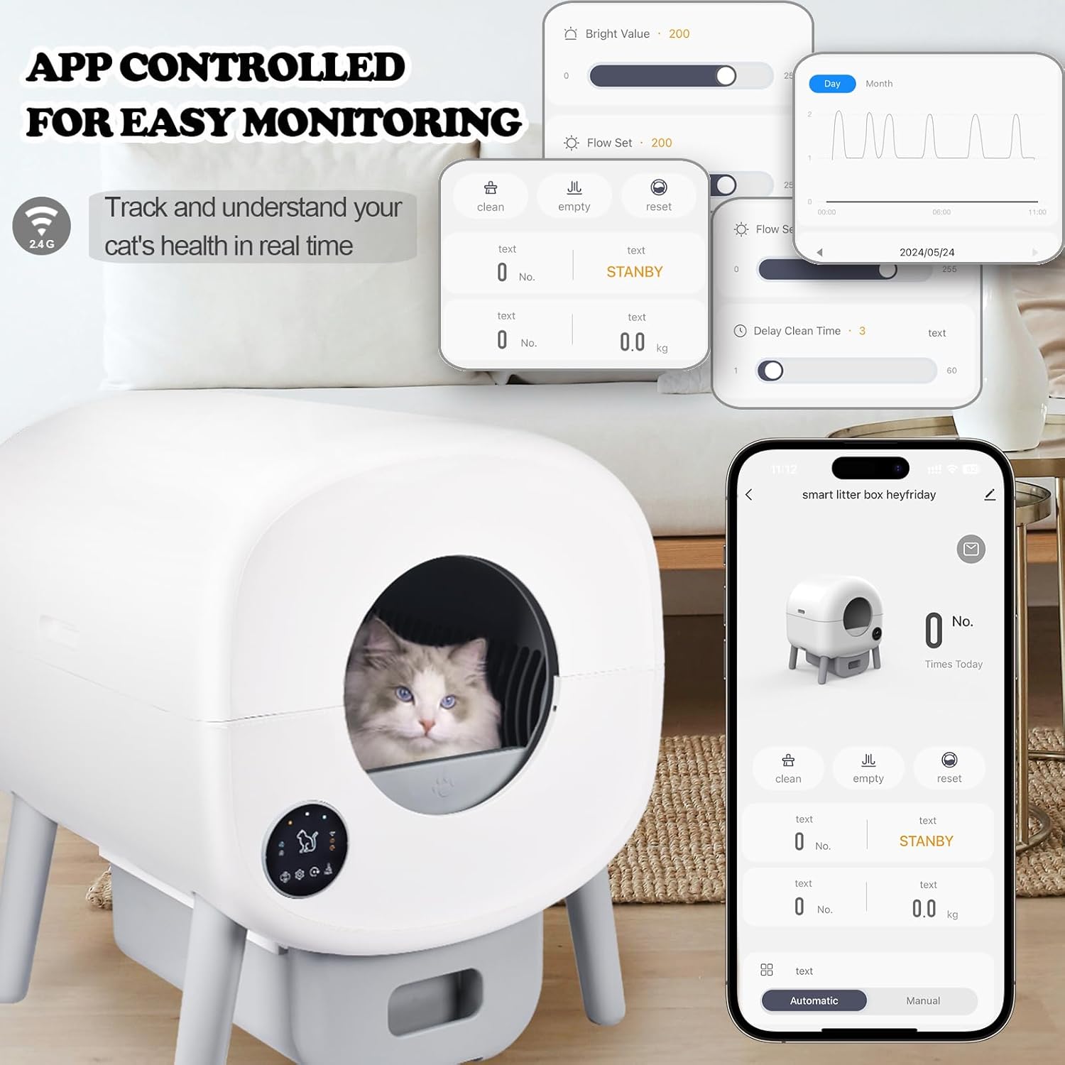 Heifriday Self Cleaning Litter Box, Large Automatic Cat Litter Box Self Cleaning with APP and Simple Panel Control Twofold Odor Removal Safety Protection for Multiple Cats