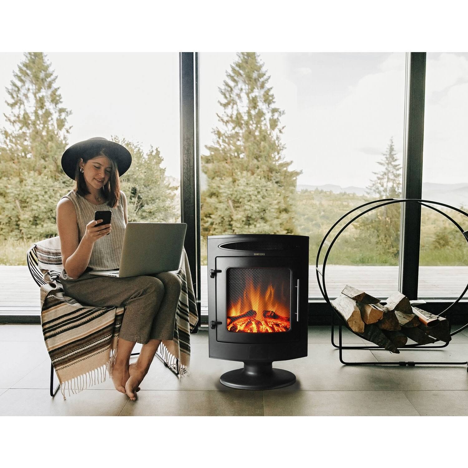 Cambridge 1500w Freestanding Electric Fireplace Heater in Black with Log Display