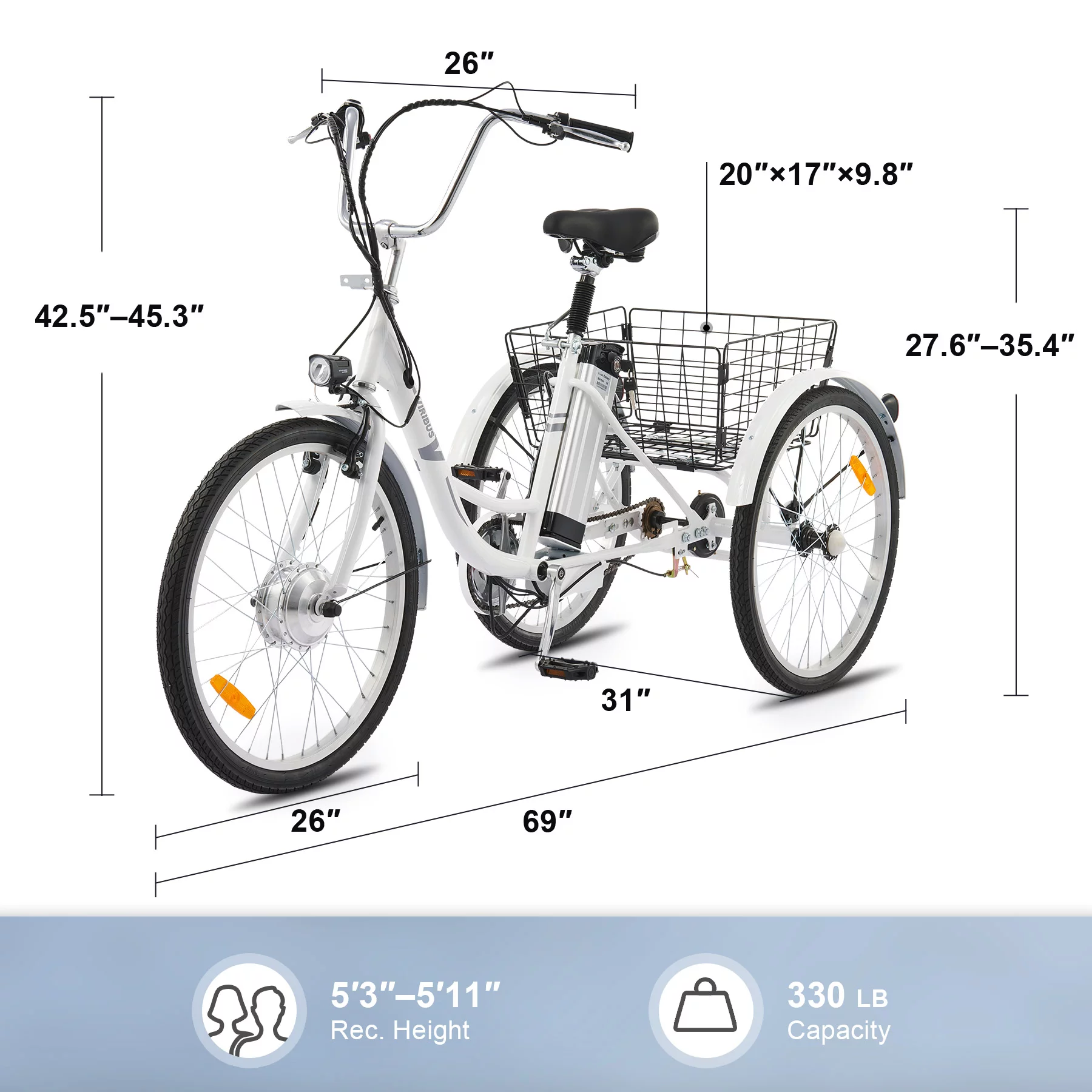 26 Electric Tricycle for Adults 3 Wheel Electric Bike 250W Electric Trike Black