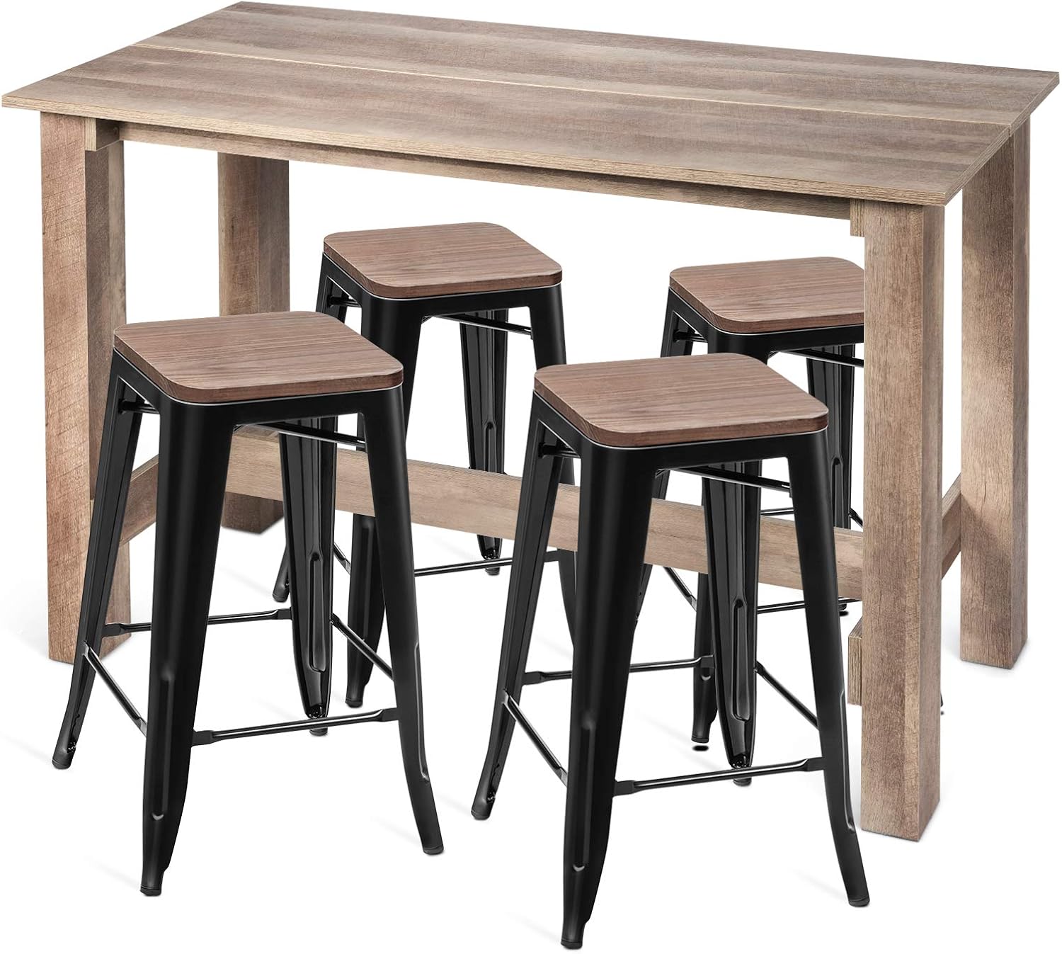 COSTWAY 5 Pcs Dining Table Set, Industrial Counter Height Dining Set with Wooden Table and 4 Metal Backless Barstools, Modern Kitchen Table and Chairs Set for Patio Bistro Restaurant Cafe