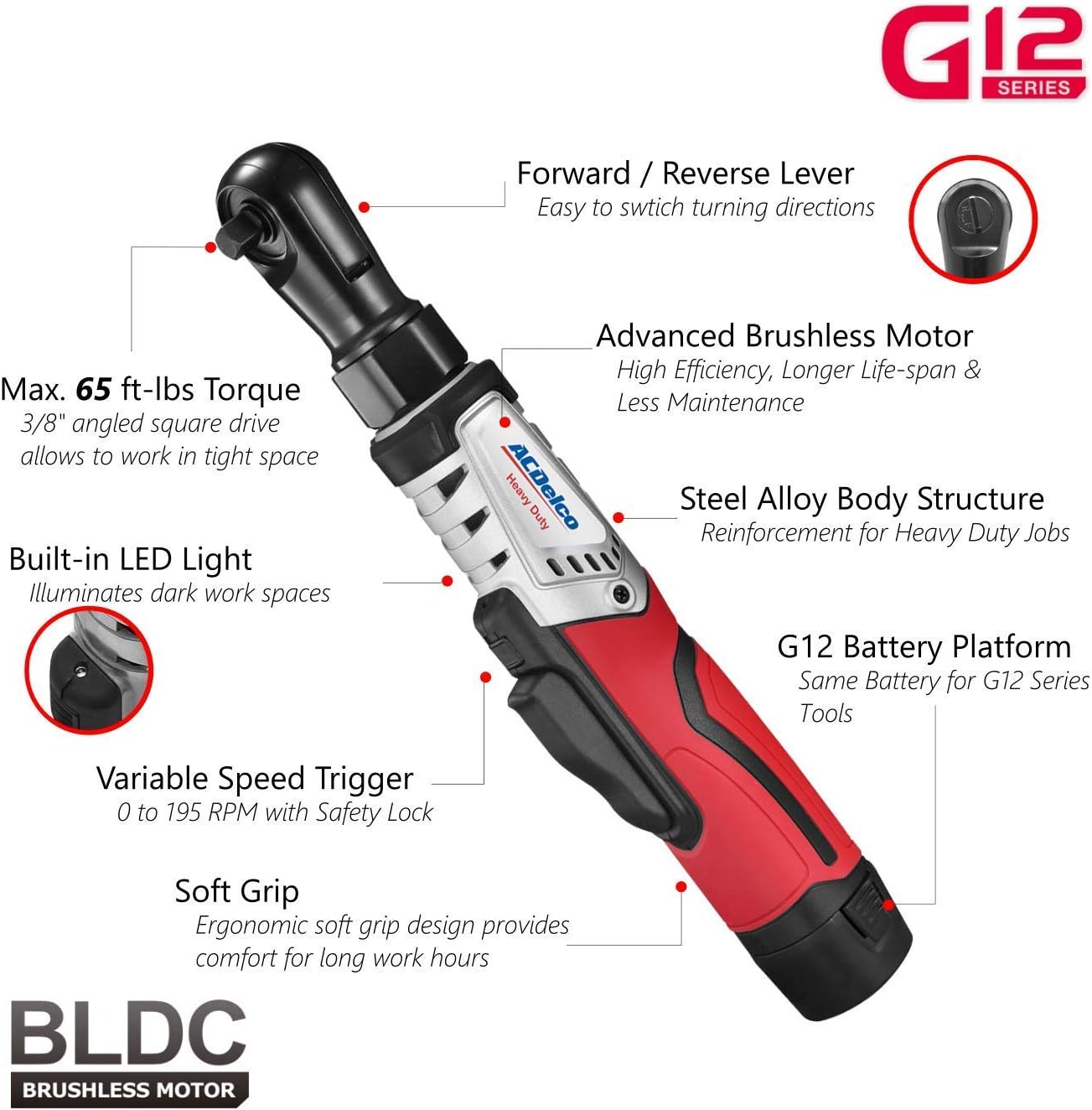 ACDelco ARW1210-3P G12 Series 12V Cordless Li-ion 3/8” 65 ft-lbs. Brushless Ratchet Wrench Tool Kit
