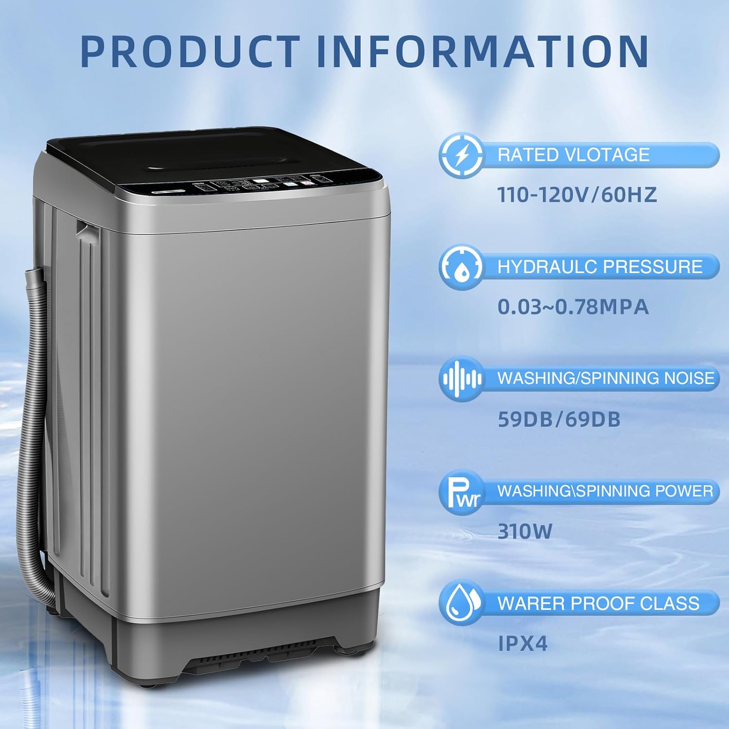 Portable Washing Machine, 13.3lbs Automatic Laundry Machine with 10 Programs, LED Display, High-efficiency Compact Washer for Apartment, Home, Dorms, Rv, Grey