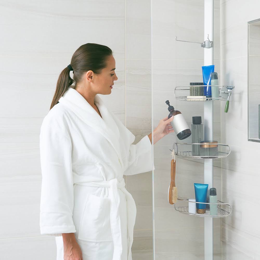 simplehuman 9 ft. Stainless Steel and Anodized Aluminum Tension Pole Shower Caddy, Silver