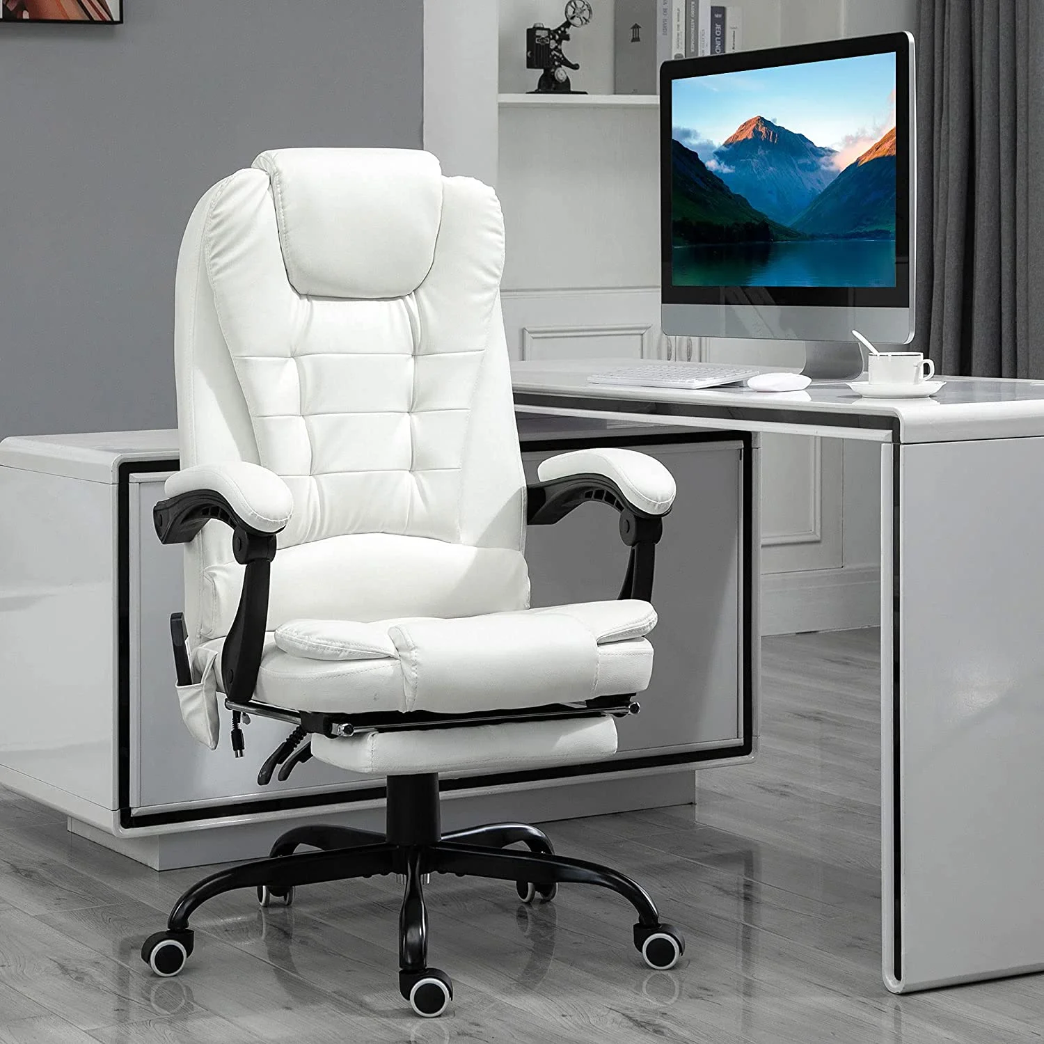 Vibrating Massage Office Chair, High Back Executive Recliner With Lumbar Support, Footrest, Reclining Back, Adjustable Height, White