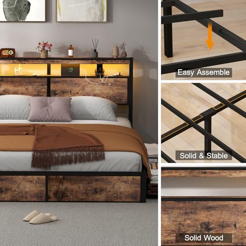 SADENICEL Queen Bed Frame with Storage Headboard and 4 Drawers, Metal Platform Bed Frame with LED Light, Charging Station, No Box Spring Needed, Noise Free, Easy Assembly, Vintage Brown