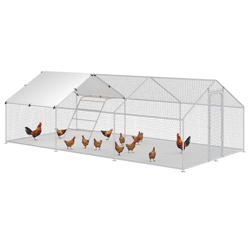 Large Metal Chicken Coop, Chicken Run Poultry Cage Hen with Water-Resident and Anti-UV Cover for Duck Rabbit House Outdoor Walk-in Chicken Pen for Yard, Dome Roof(10’ W x 19.7’ L x 6.4’ H)