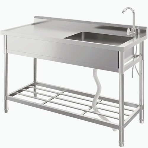 Stainless Steel Free-Standing Utility Sink, Single Bowl Freestanding Laundry Sink with Faucet, Drainboard, Storage, Hot & Cold Water Plumbing for Restaurant, Workshop, Home, 24x20x41 in