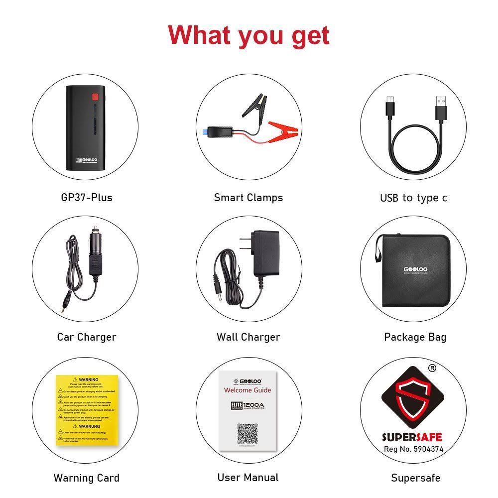 Gooloo 1200A Peak 18000mAh Supersafe Car Jump Starter with USB Quick Charge 3.0