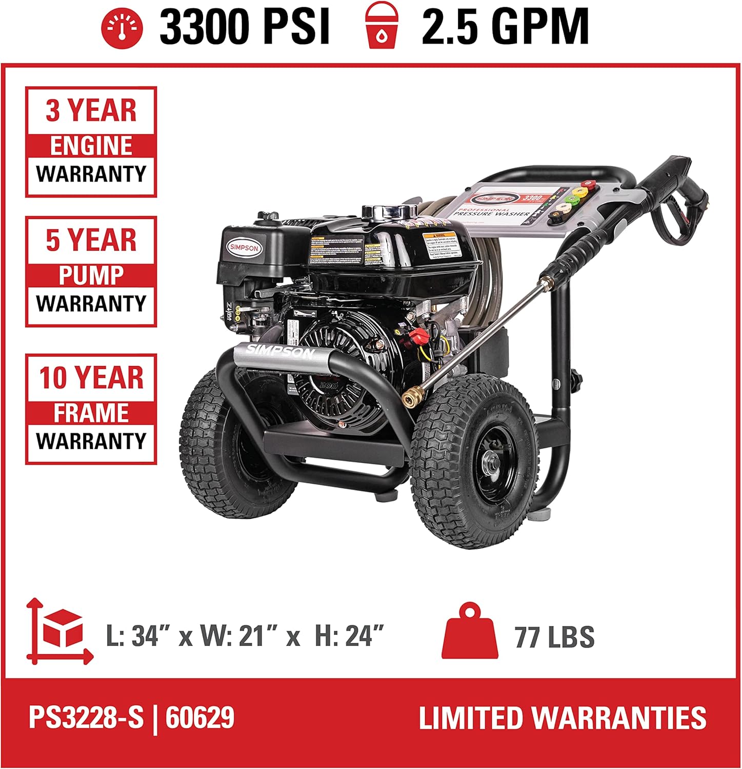 SIMPSON Cleaning PS3228 PowerShot Gas Pressure Washer Powered by Honda GX200, 3300 PSI at 2.5 GPM, Black
