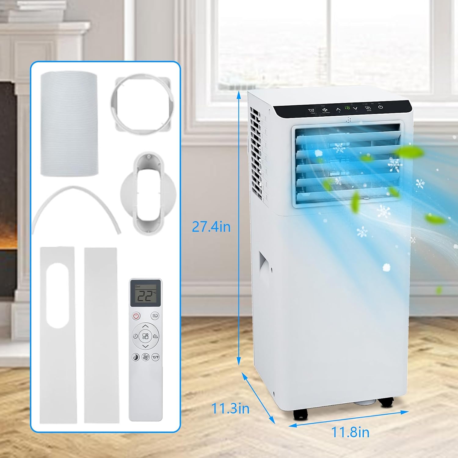 Portable Air Conditioner 8000 BTU with Efficient Cooling Air Conditioners Fan Mode Room Cooling Up to 350 sq ft 24 Hour Timer ，Portable AC Quiet, Remote Control, Sleep Mode, and Window Kit.