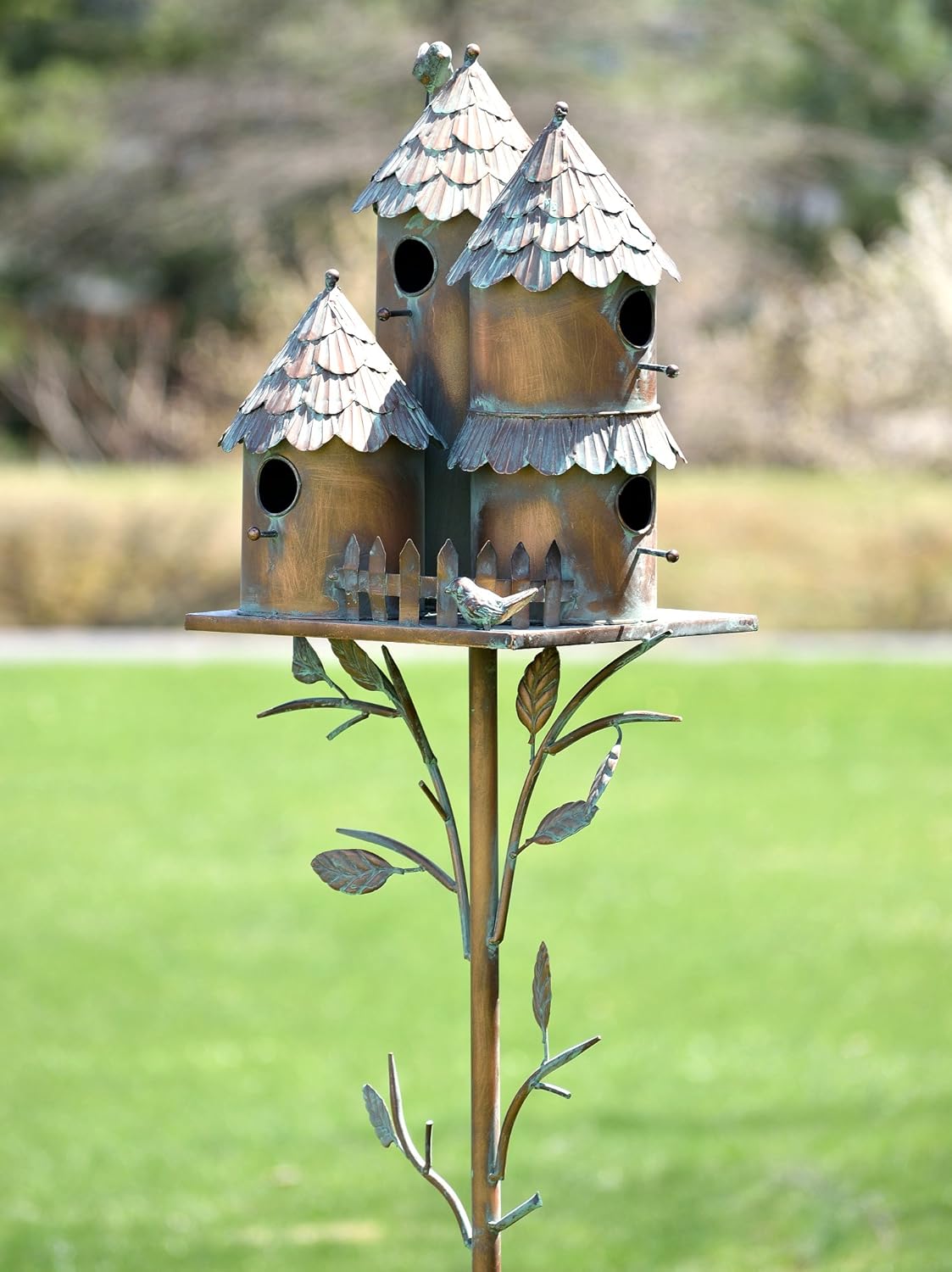 Zaer Ltd. Large Copper Colored Multi-Birdhouse Stakes, Room for 4 Bird Families in Each (Castle Home)