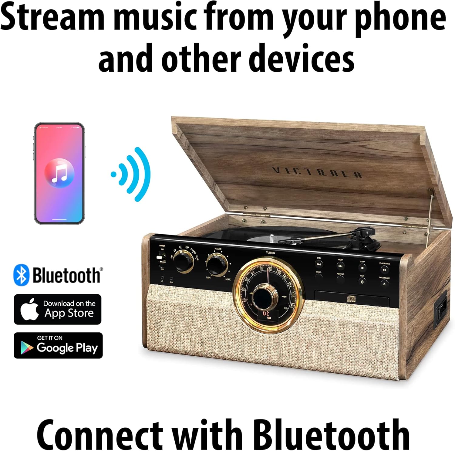 Victrola VTA-270B-FNT Empire Bluetooth 6 in 1 Music Center (33/45/78) (Farmhouse Walnut) and Victrola 3 Pack Turntable Replacement Needles