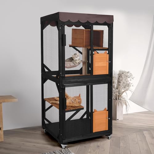 Catio Outdoor Cat Enclosure,Cat House with Wheels,Upgraded cat Scratching Post，Resting Box,Waterproof Roof for Patio Garden (Grey, 31.5" L x 31.5" W x 70.9" H)