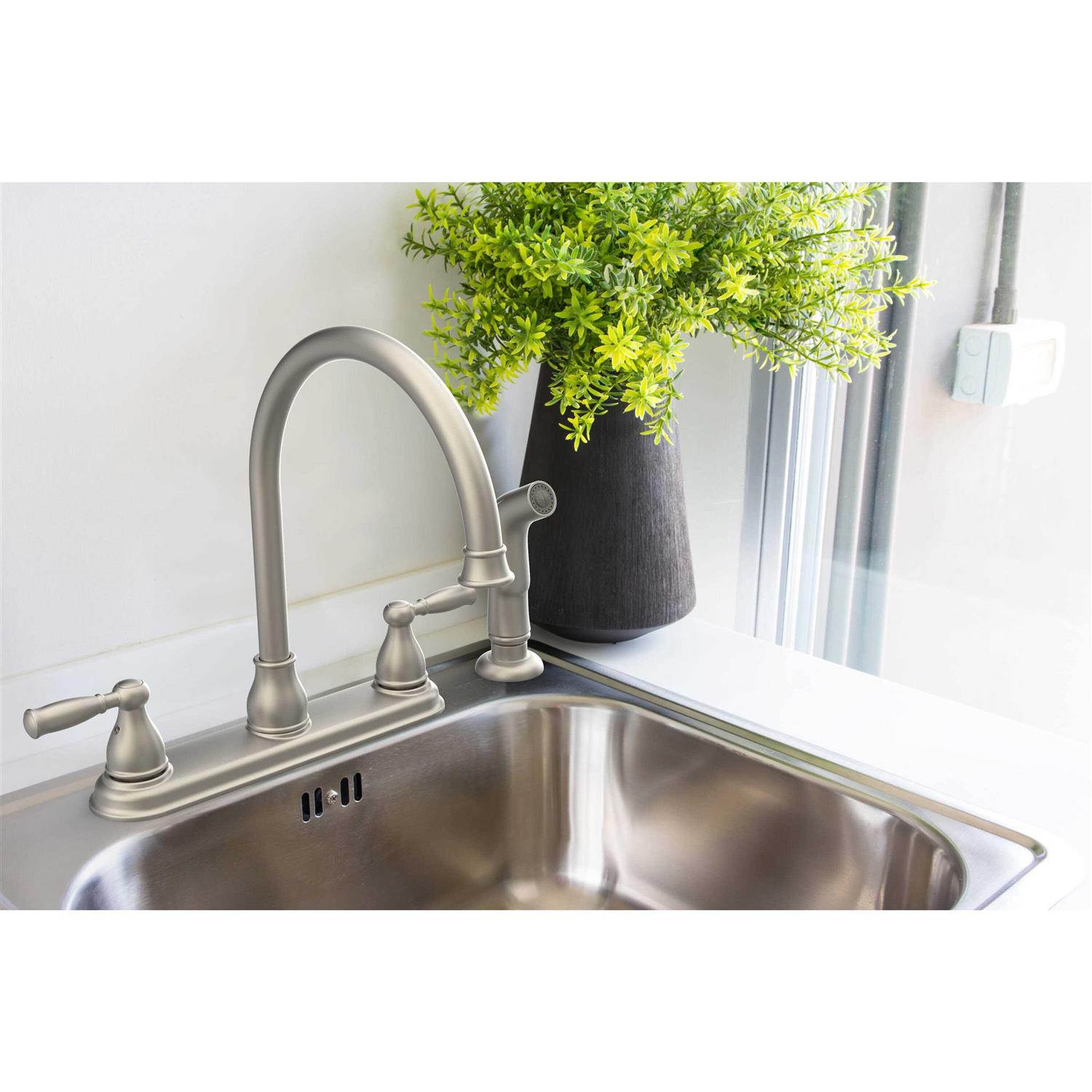 Project Source Brice Stainless Steel 2-Handle Deck-Mount High-Arc Handle Kitchen Faucet with Deck Plate 67129W-100802 - Shop Hardware Tools Online Store